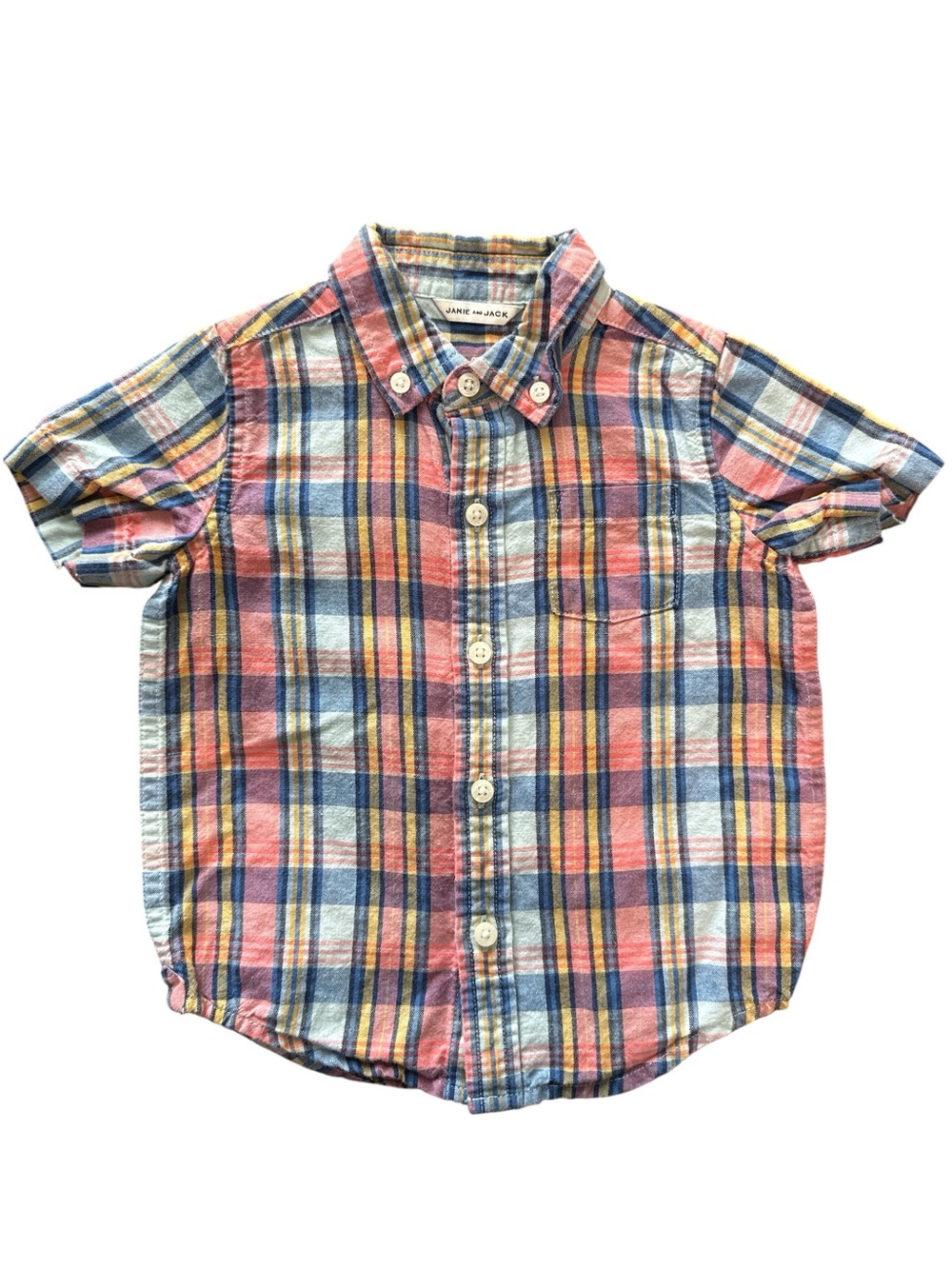 Janie And Jack 18-24 Month Boys Plaid Linen Blend Button Up Short Sleeve Shirt